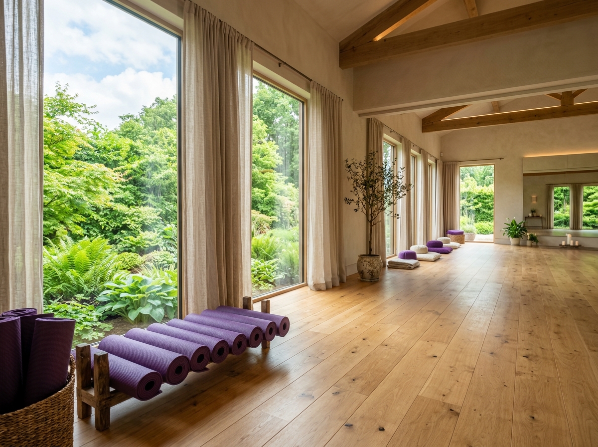 A quiet, light-filled yoga studio at Samatva